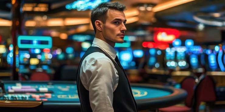 Dealer live casino profesional memimpin permainan dengan interaksi real-time